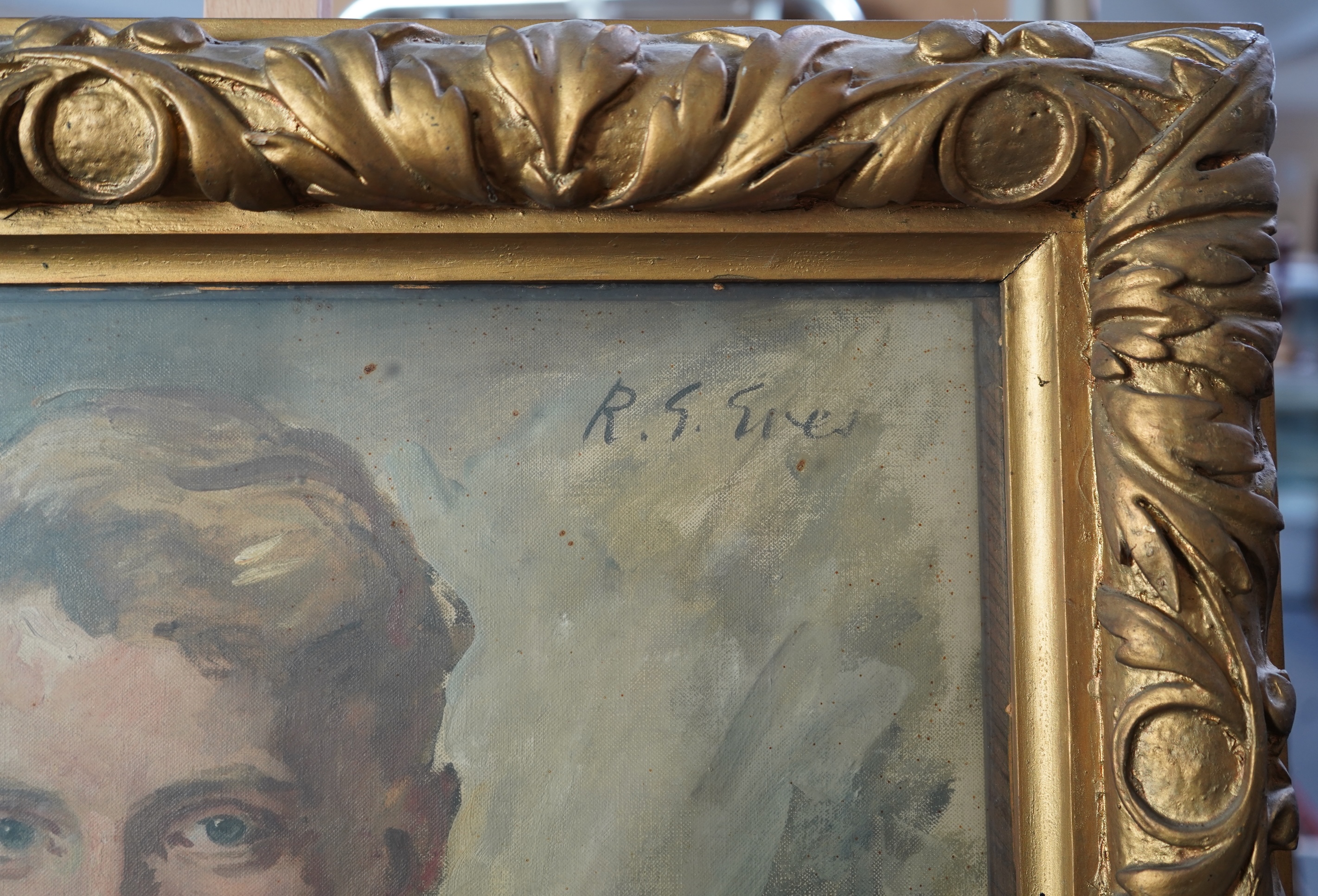 R. G Eves (1876-1941) Half length portrait of a young gentleman, signed upper right James Bourlet & Sons label verso, oil on canvas, 59 x 48cm